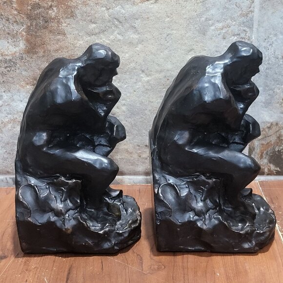 Vintage Bronze The Thinker Sculpture Bookend Set of 2 - Picture 6 of 13